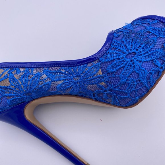 FSJ Blue Lace Satin Peep Toe Bridal Heels Platform - Picture 4 of 9